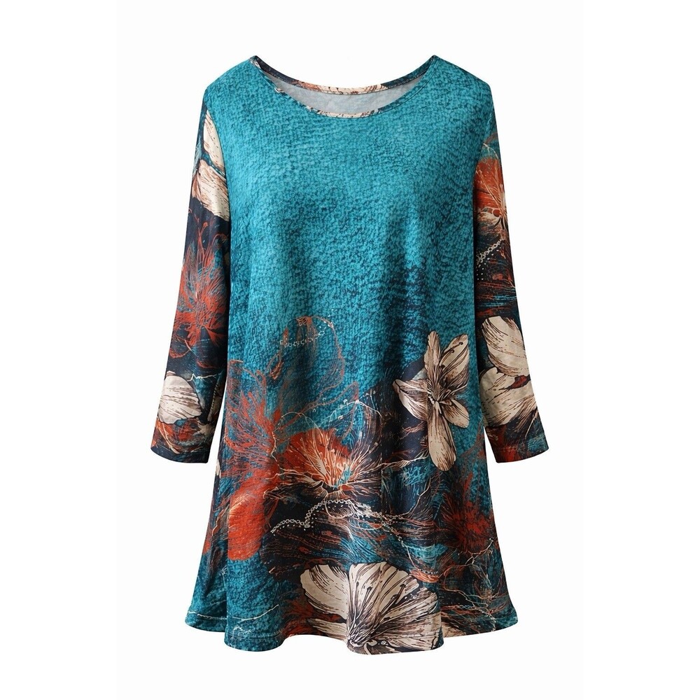 Simply‎ Aster Women's Teal Floral Tunic Top 3/4 Sleeve Size M Boho Chic